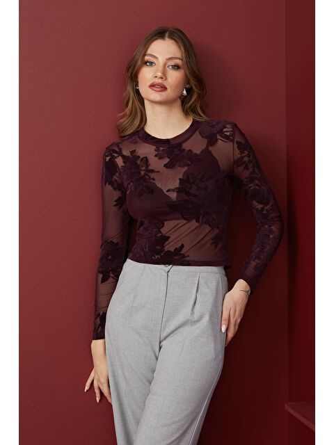 Fullamoda Beli Drapeli Çiçek Desenli Transparan Bluz - S000490931-20036
