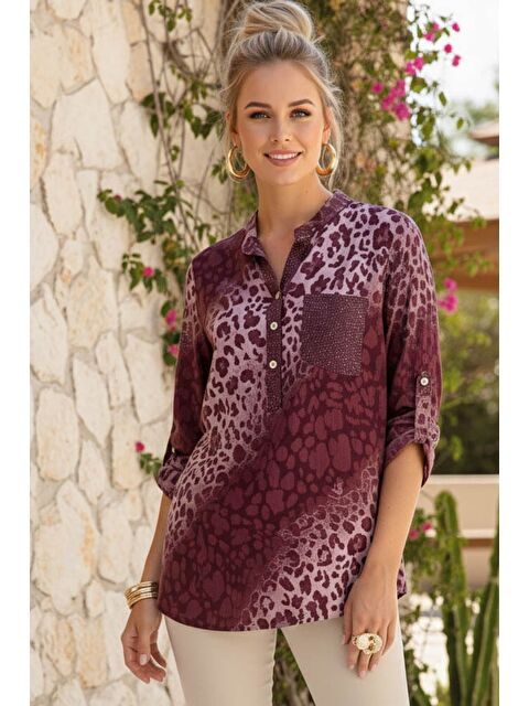 Chiccy İtalyan Mürdüm Rengi Hakim Yaka Düğmeli 3/4 Kol Desenli Pullu Cepli Casual Viskon Bluz 75 60 - S000508020-20036