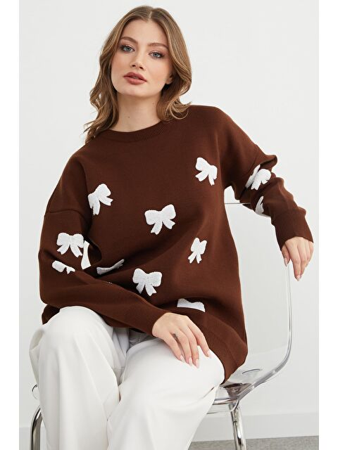 Fullamoda Kurdele Nakışlı Bisiklet Yaka Oversize Triko Kazak - S000432831-19413