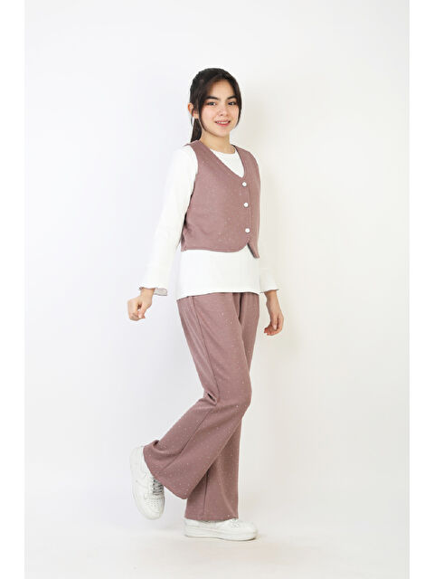 Modanino Kız Çocuk 3'lü Takım-Yelekli,Taş Süslemeli ve Geniş Paçalı 12515 - S000512876-20028