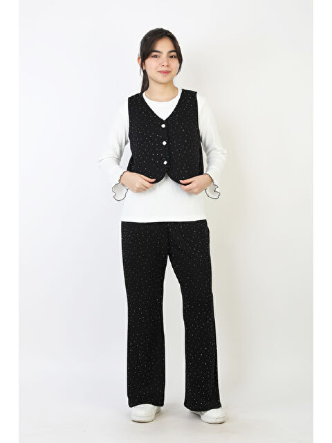 Modanino Kız Çocuk 3'lü Takım-Yelekli,Taş Süslemeli ve Geniş Paçalı 12515 - S000512876-19351