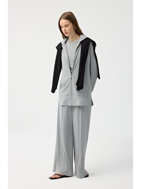 Kadriye Baştürk Modal Cupra Fermuarlı Hırka Takım Gri Melanj