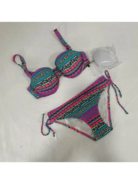 Hazelin Kadın Fuşya Çok Renkli Etnik Desen Atarlı Bikini Takımı HZL25S-LC8004 - S000387895-18686