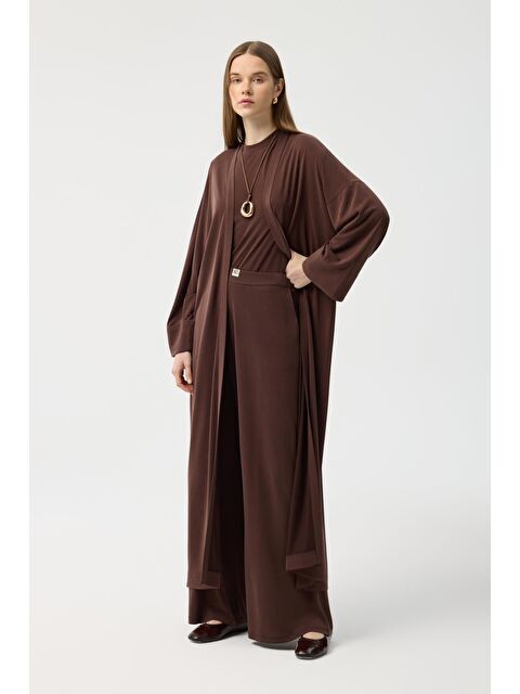 Kadriye Baştürk Modal Cupra Pantolon Bluz Abaya Takım Kahverengi