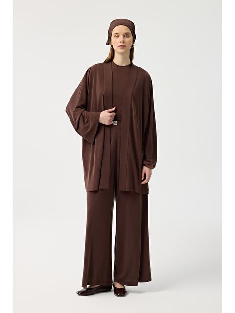 Kadriye Baştürk Modal Cupra Geniş Pileli Pantolon Midi Abaya Takım Kahverengi