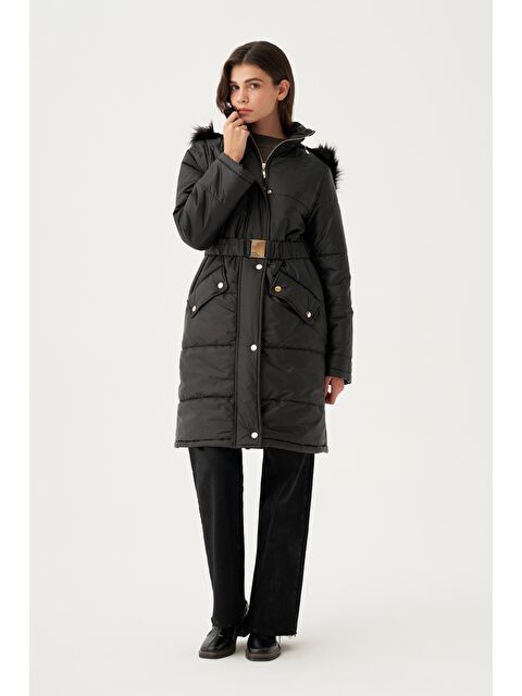 ALLDAY Siyah-Kapşonu Kürklü Astarlı Çıtçıtlı Mont - S000500722-19351