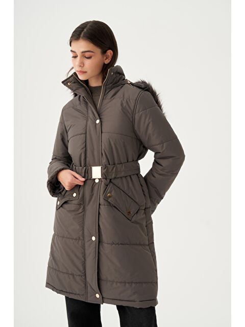 ALLDAY Gri-Kapşonu Kürklü Astarlı Çıtçıtlı Mont - S000500722-20600