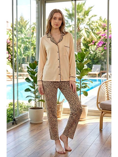 Remsa Kadın Leopar Desenli Önü Düğmeli Yumuşak Milan Kumaş Pijama Takımı 250347-9 Bej02