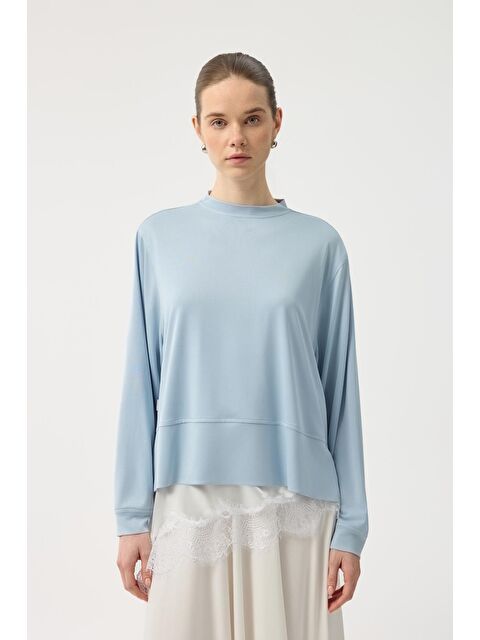 Kadriye Baştürk Modal Cupra Yırtmaçlı Kısa Sweatshirt Açık  Mavi