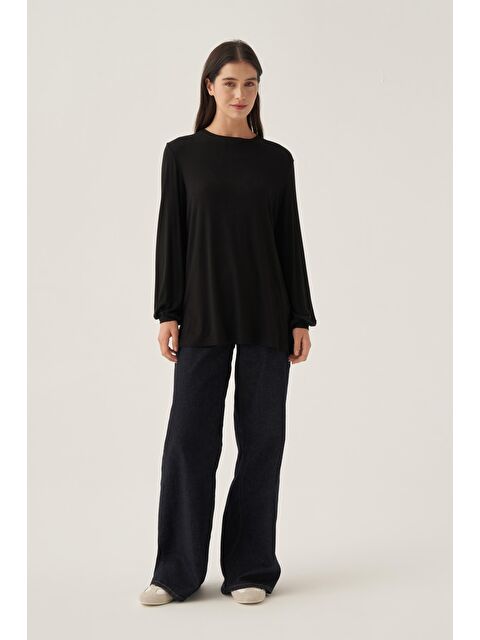 ALLDAY Siyah-Bisiklet Yaka Kol Ucu Büzgülü Pamuklu Bluz - S000500726-19351