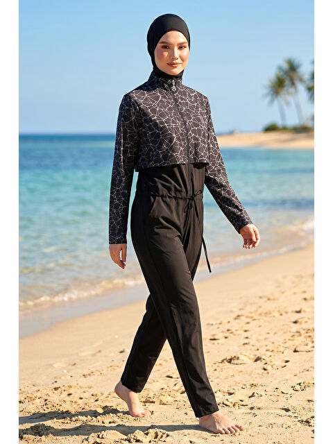 Haliç Mayo Tulum Spor Elastan Tam Kapalı Tesettür Yüzücü Mayo 6266 Siyah