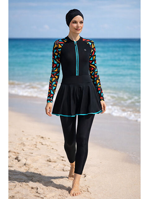 Haliç Mayo 3 Farklı Şekilde Giyilebilir Elastanlı Etekli Tesettür Mayo 6440 Siyah