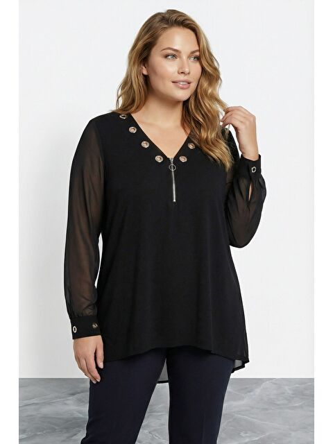 Stil Diva Büyük Beden Önü Fermuarlı Kuş Gözü Detaylı Kolları Tül Siyah Bluz 110880 - S000500727-19351