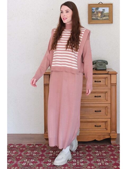 Ceylan Otantik Beyaz Çizgili Gül Kurusu Süveter Triko Takım - S000280445-20028