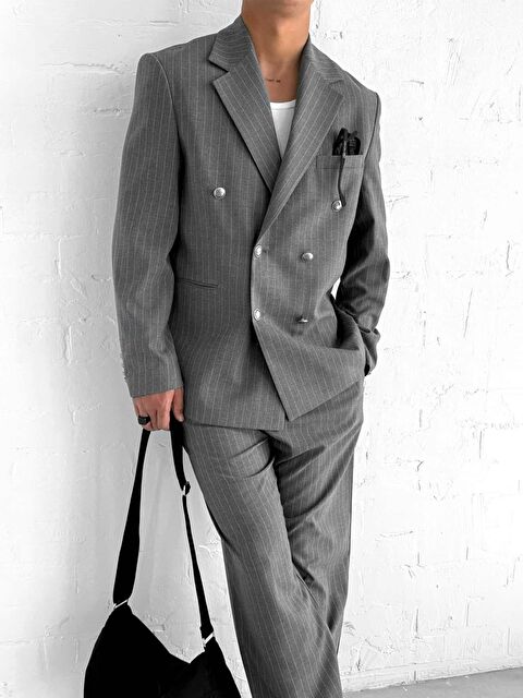 Abluka Online Erkek Çizgili Oversize Kruvaze Takım Elbise Gri - S000407246-20600