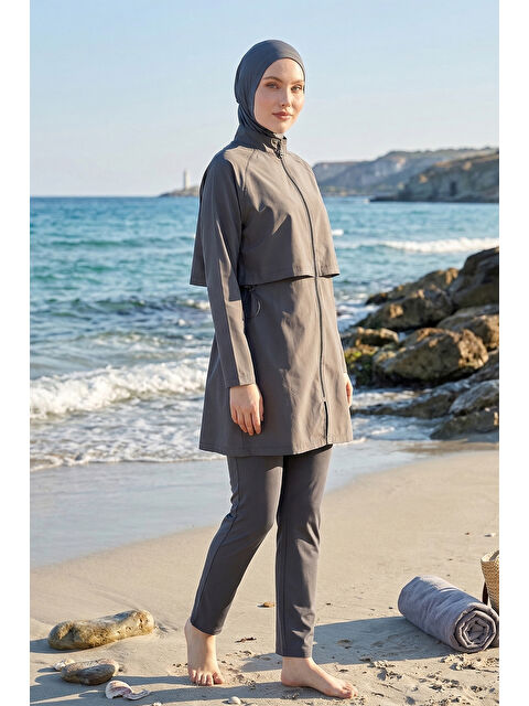 Haliç Mayo Önü Kapaklı Tam Kapalı Tesettür Mayo 6201 Antrasit