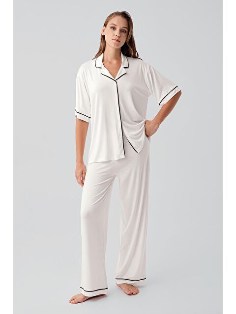 Artış Kısa Kollu Düğmeli Oversize Esnek Viskoz Pijama Takım 19210 - S000513450-19965