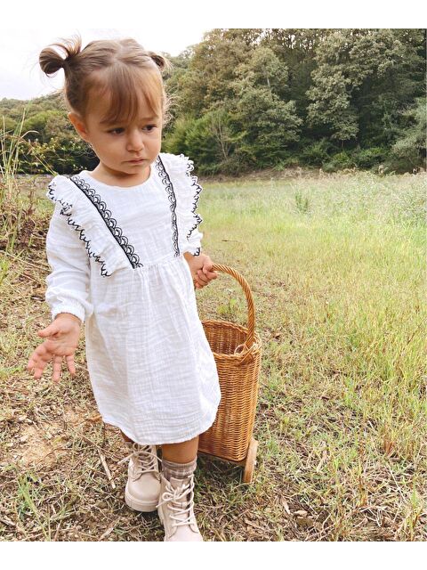 CİGİT Nakışlı Fırfırlı Mevsimlik Elbise 1-8 Yaş Ekru - S000248904-19965