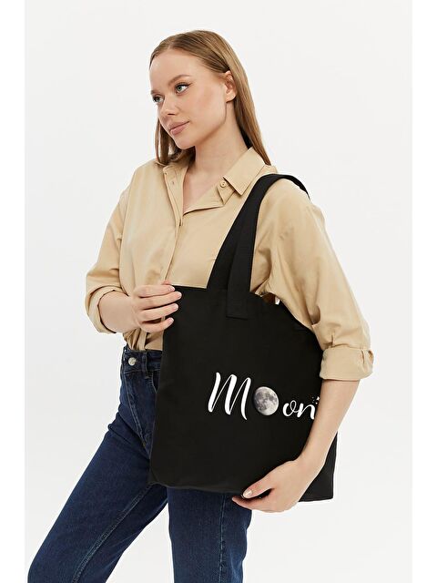 Bagg Siyah Kolon Saplı Moon Baskılı Kanvas Yatay Çanta - S000217916-19351