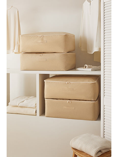 Home Wave 4'lü Büyük Boy Bej Pötikare Baza Altı Hurç Set 62 x 46 x 22 cm - S000446222-19928