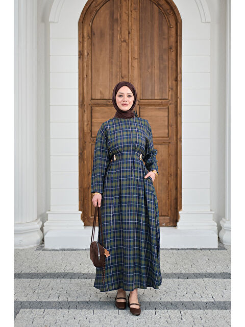 Locco Moda Kadın Ekose Desen Bronş Detay Arkadan Bağlamalı Elbise Yeşil