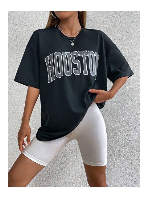 Trendseninle Kadın Siyah Houston Baskılı Oversize Tişört - S000116564-19351