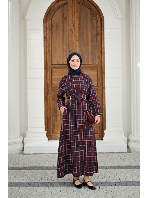 Locco Moda Kadın Ekose Desen Bronş Detay Arkadan Bağlamalı Elbise Bordo