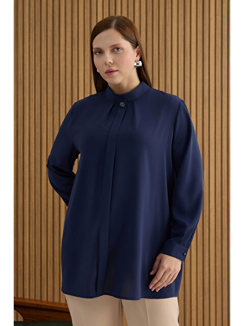 AKER Lacivert Yakası Pili ve Boncuk Detaylı Bluz - S000488920-21164