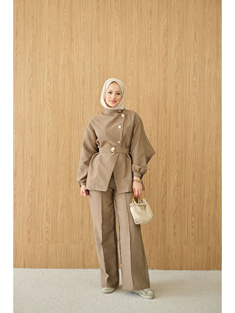 Locco Moda Kadın Gold Kemerli Düğme Detay Takım Hardal