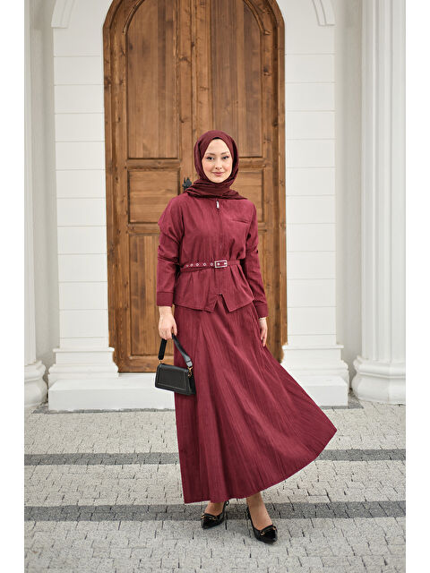 Locco Moda Kadın Fermuarlı Cep Detay Kemer Bağlamalı Etekli Takım Bordo