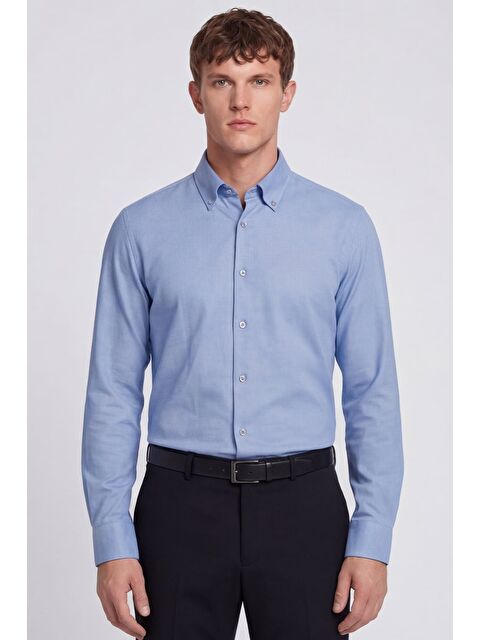 Sabri Özel Erkek Mavi Dar Kesim Slim Fit Pamuklu Düz Örme Uzun Kollu Düğmeli Yaka Gömlek
