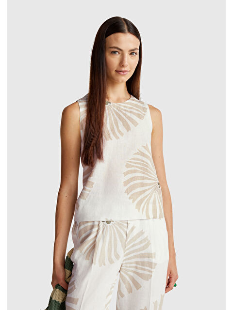 United Colors Of Benetton Kadın Krem %100 Keten Desenli Kolsuz Bluz - S000415333-19966