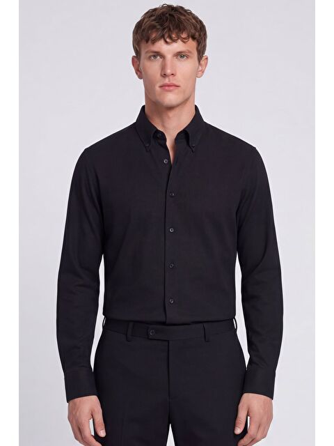 Sabri Özel Erkek Siyah Dar Kesim Slim Fit Pamuklu Düz Örme Uzun Kollu Düğmeli Yaka Gömlek