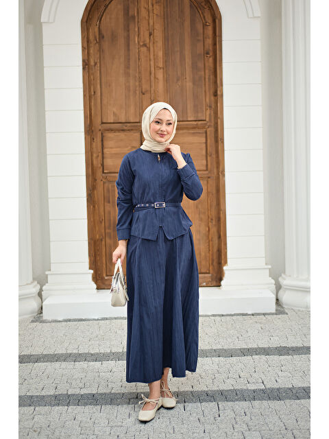 Locco Moda Kadın Fermuarlı Cep Detay Kemer Bağlamalı Etekli Takım Lacivert