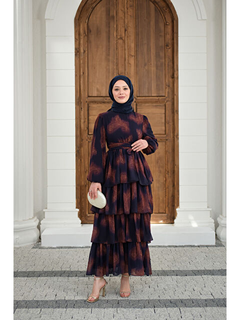 Locco Moda Kadın Kat Kat Dökümlü Şifon Elbise Mor