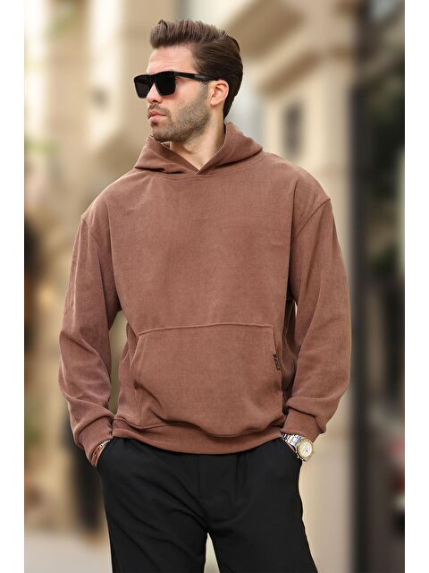 Madmext Kahverengi Kapüşonlu Cep Detaylı Dokulu Erkek Hoodie E7101 - S000296342-19413