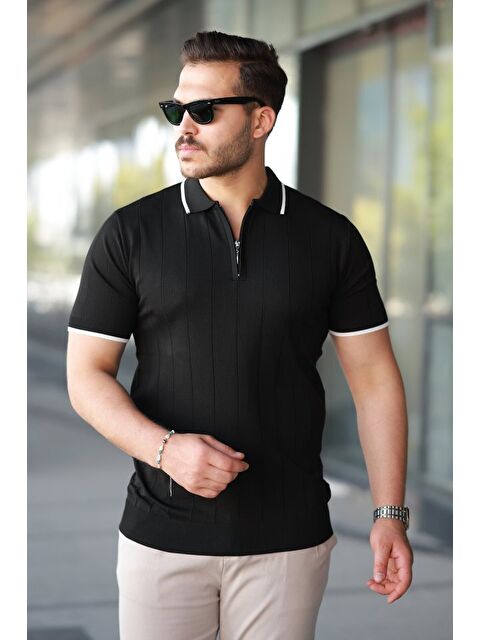 Jane's Erkek Fermuar Yakalı çizgi Dokulu Kısa Kollu Tişört