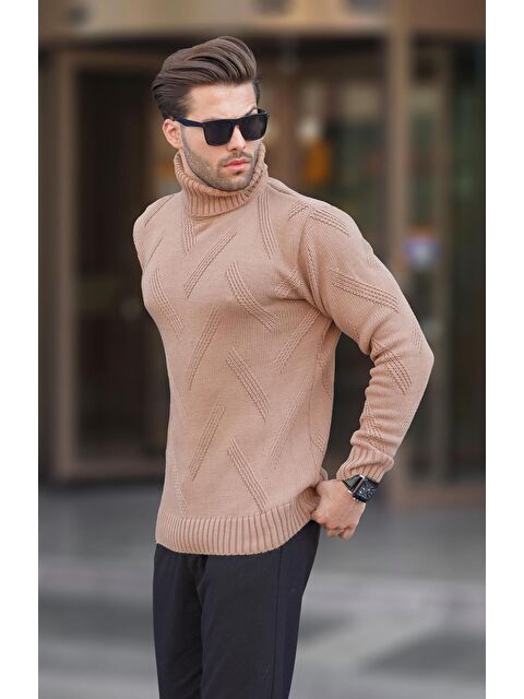 Madmext Camel Boğazlı Uzun Kollu Desenli Örme Kazak 7279 - S000252656-4557