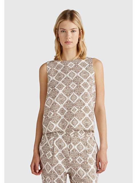 United Colors Of Benetton Kadın Beyaz Mix %100 Keten Desenli Kolsuz Bluz - S000415333-20063