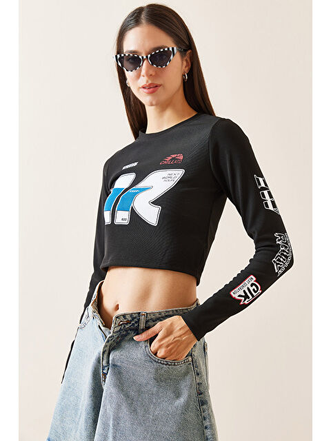 Xhan Siyah Bisiklet Yaka Baskılı Crop Bluz 5YXK2-48924-02 - S000272330-19351