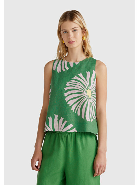 United Colors Of Benetton Kadın Yeşil %100 Keten Desenli Kolsuz Bluz - S000415333-18194