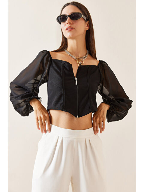 Xhan Siyah Transparan Detaylı Fermuarlı Crop Bluz 5YXK2-48923-02 - S000272350-19351