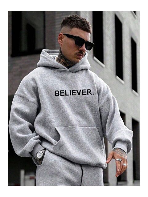 Trendseninle Gri Believer Baskılı Oversize Kapüşonlu Erkek Uzun Kollu Hoodie - S000250022-20600
