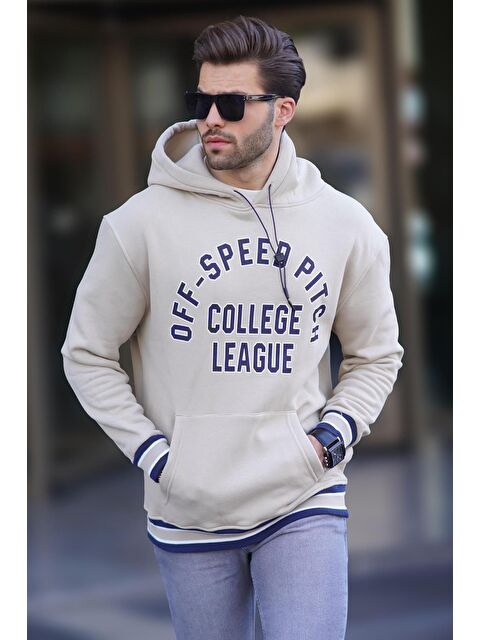 Madmext Bej Kapüşonlu Cep Detaylı Baskılı  Erkek Hoodie 7068 - S000252657-19928