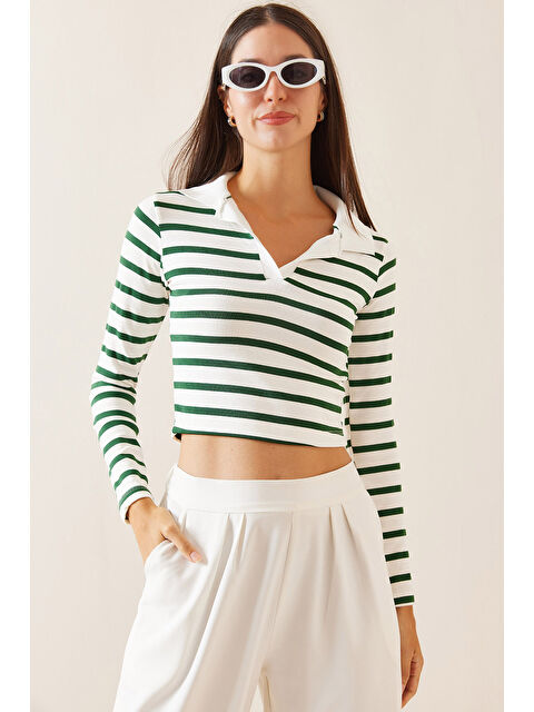 Xhan Yeşil Polo Yaka Çizgili Crop Bluz 5YXK2-48926-08 - S000272347-18194