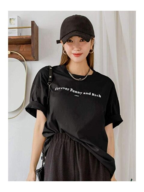 Trendseninle Kadın Siyah Funny Baskılı Oversize Tişört - S000116355-19351