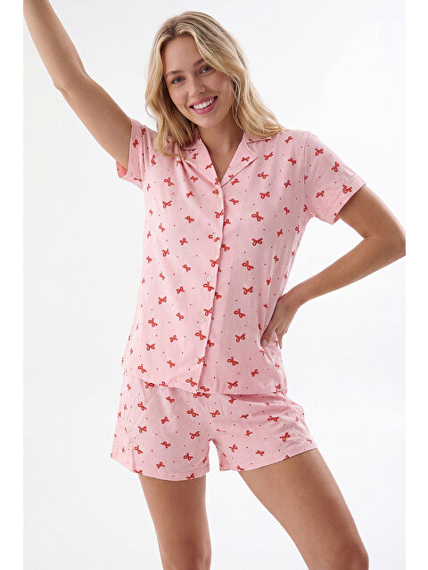 NBB Somon Bow Önden Düğmeli Şortlu Pijama Takımı