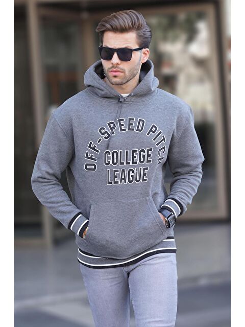 Madmext Antrasit Kapüşonlu Cep Detaylı Baskılı  Erkek Hoodie 7068 - S000252657-29666