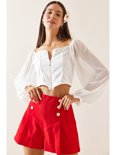 Xhan Beyaz Transparan Detaylı Fermuarlı Crop Bluz 5YXK2-48923-01 - S000272350-20063