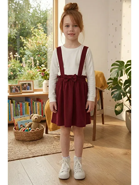 Mai Perla Kız Çocuk Takımı 2 Parça Salopet Elbise Pamuklu Kumaş Uzun Kollu Fiyonklu Etekli Takım 1-5 Yaş